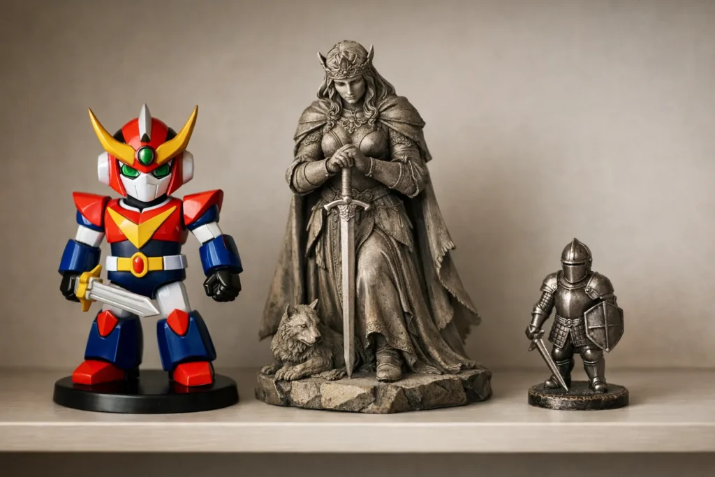 Trois figurines de collection de styles différents exposées côte à côte sur une étagère.