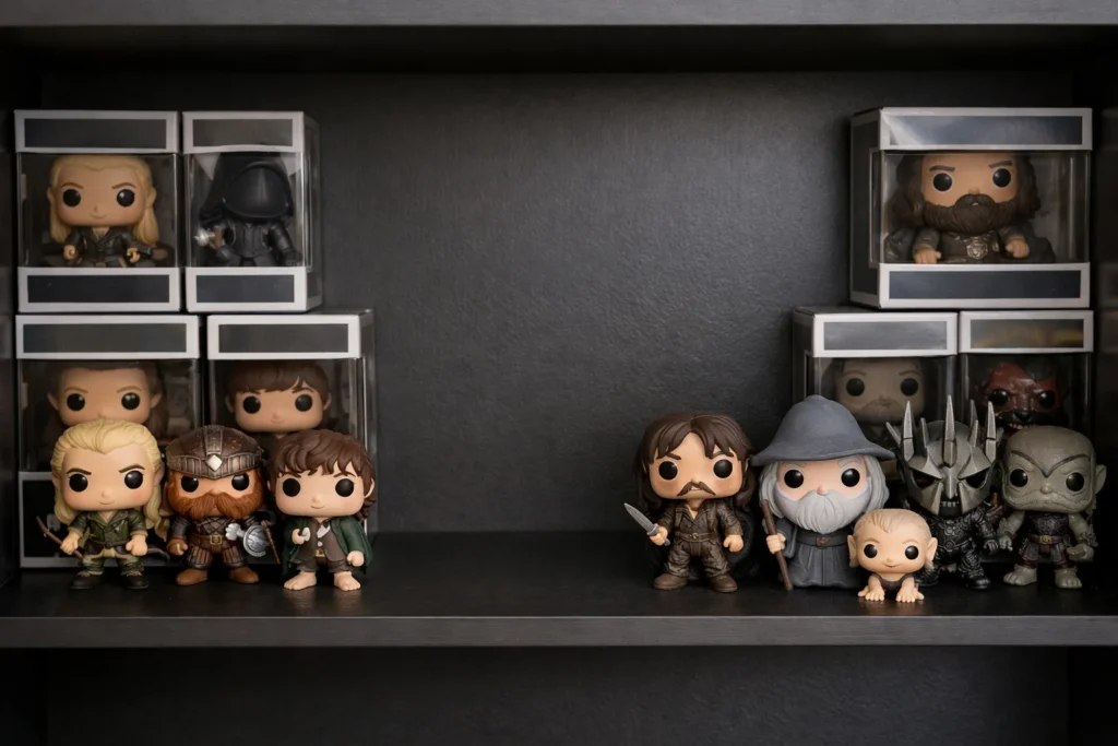 Des Funko Pop alignées sur une étagère avec un emplacement vide entre plusieurs boîtes.