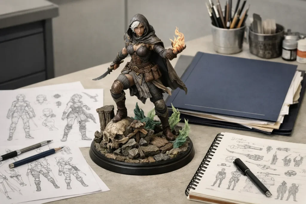 Une statuette originale posée parmi des croquis et des documents de conception sur une table de travail.