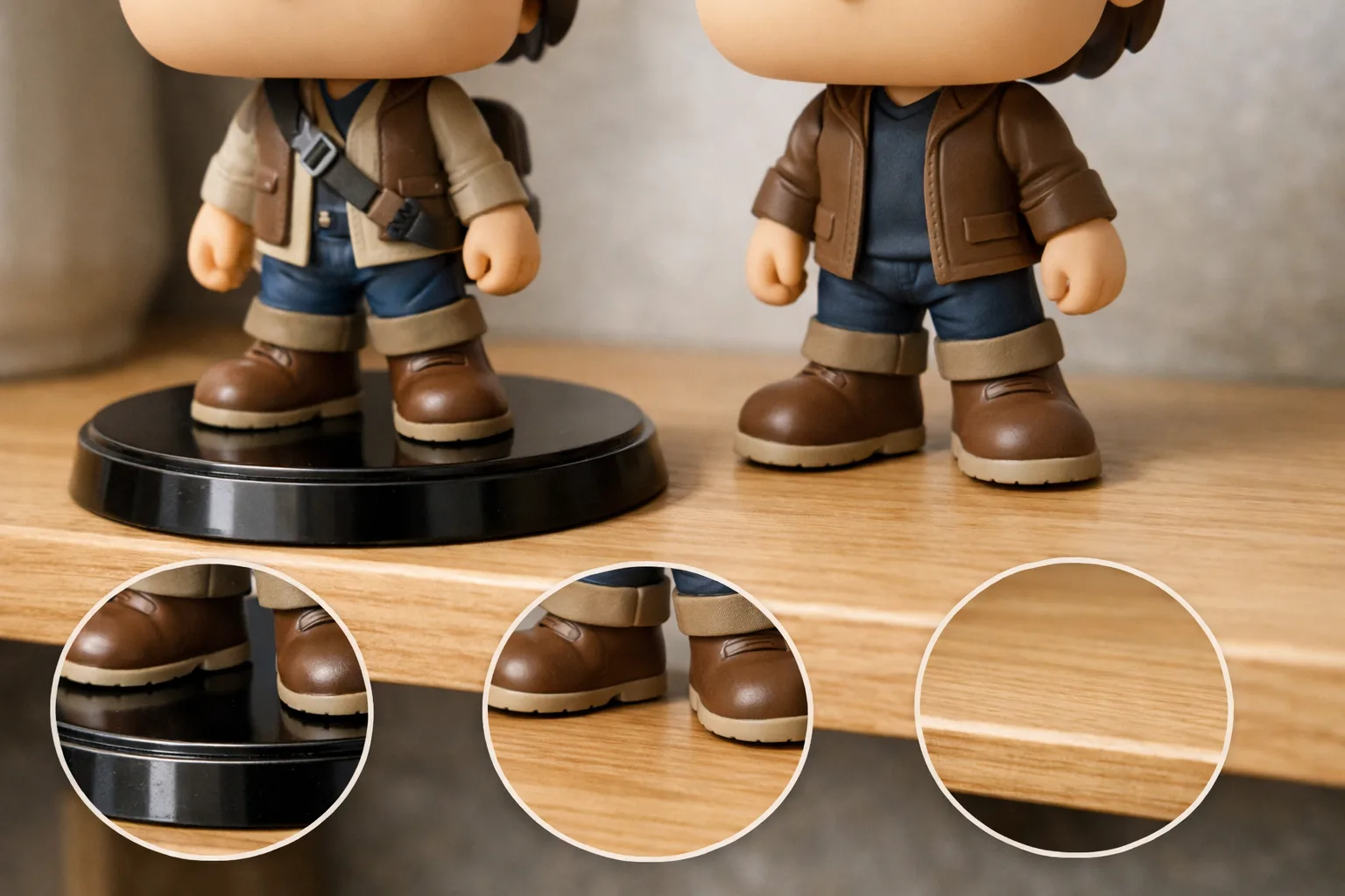 Une figurine vinyle stylisée repose sur un socle sur une étagère, à côté d’une figurine posée directement sur ses pieds.