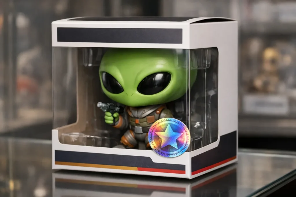 Boîte de figurine vinyle de collection avec un autocollant visible sur sa face avant et la figurine derrière la fenêtre.
