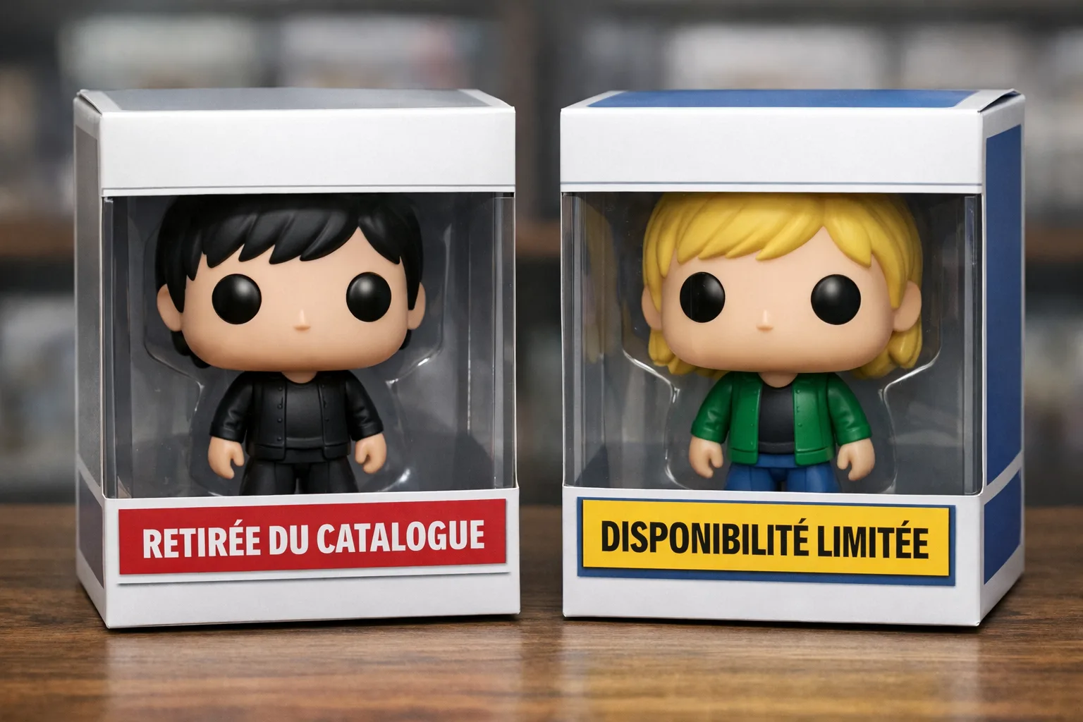 Deux boîtes de figurines de collection portent des étiquettes différentes : « retirée du catalogue » et « disponibilité limitée ».