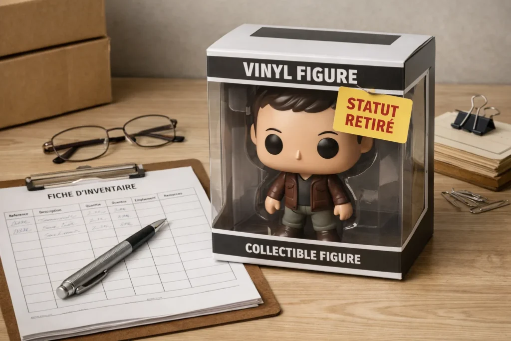 Boîte de figurine de collection posée à côté d’une fiche d’inventaire portant la mention « statut retiré ».