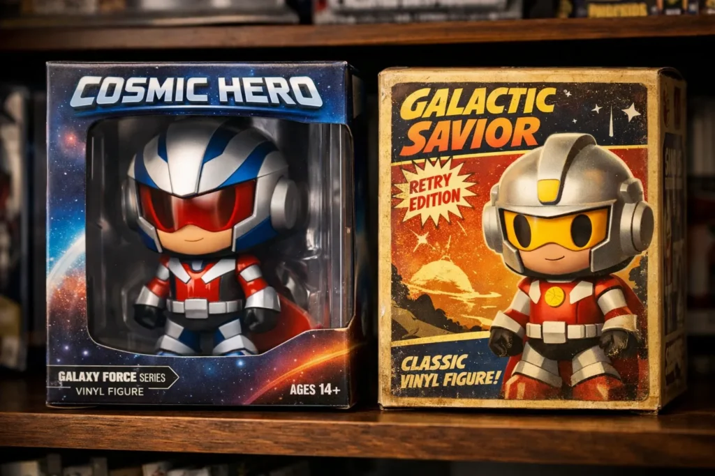 Deux boîtes de figurines d’une même franchise fictive présentent des graphismes et des mentions légales différents.